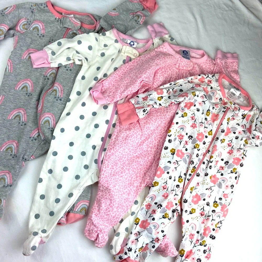 Lot of four (4) Baby Girl Gerber’s 0-3 month footie onesie pajamas